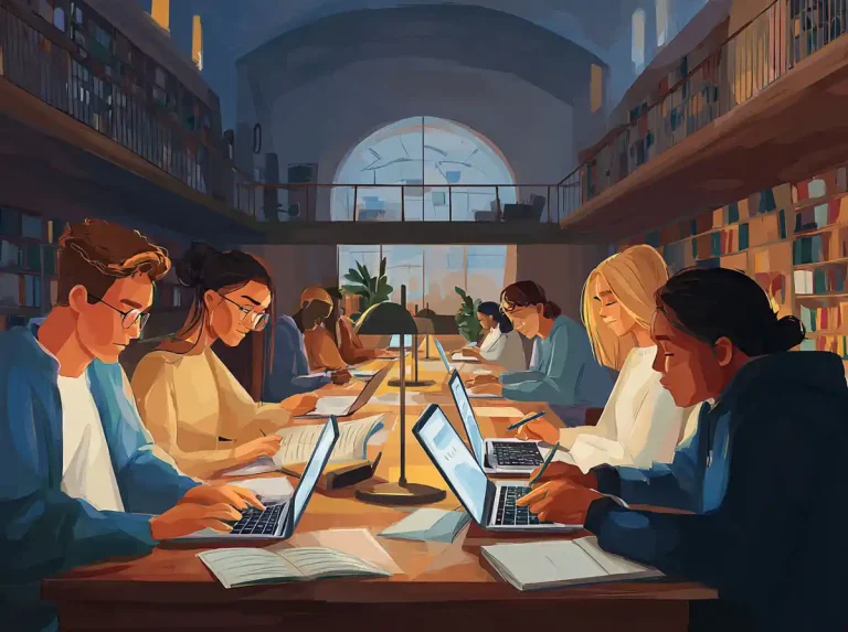 A focused group of students looks at laptop screens while learning languages.