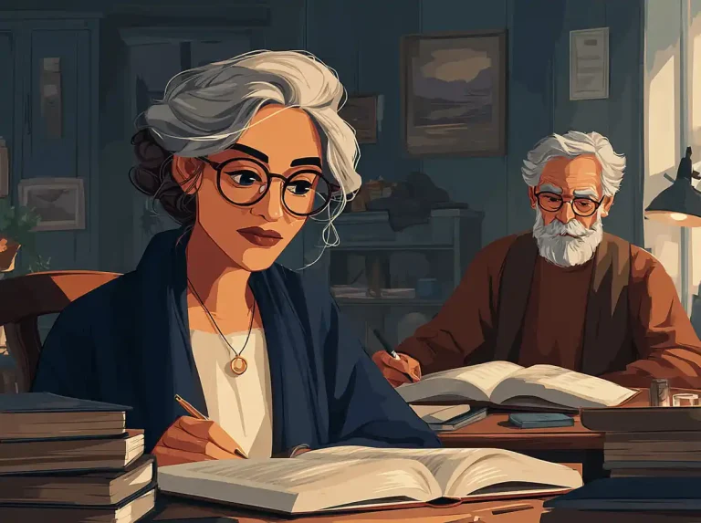 An older woman and man sit together at a desk with large books to learn languages.