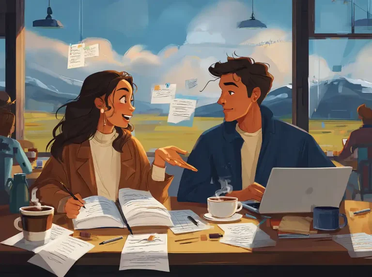 Two people talk at a café table while learning languages near a window overlooking a scenic mountain valley.