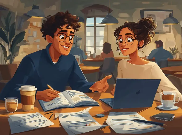 Two students smile while using a laptop and open book for learning languages in a cafe.