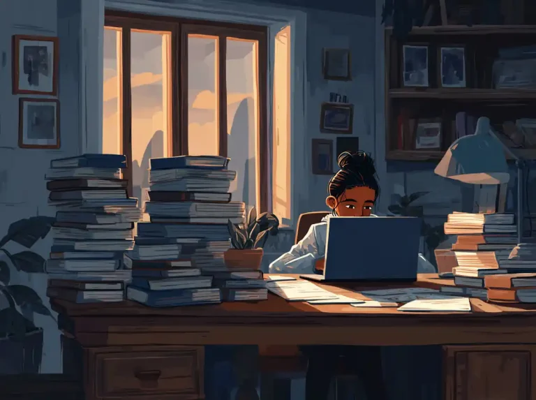 A person works at a desk crowded with books while learning languages near a bright window.