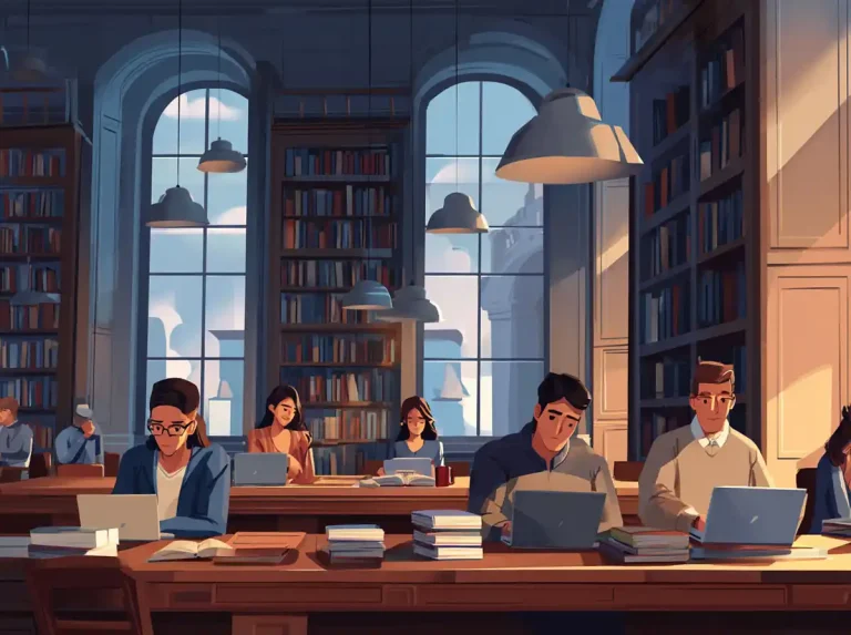 Desks are occupied by students in a grand library hall while they are focused on learning languages.