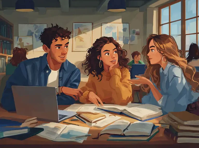 A group conversation is shared by three students at a laptop while learning languages.