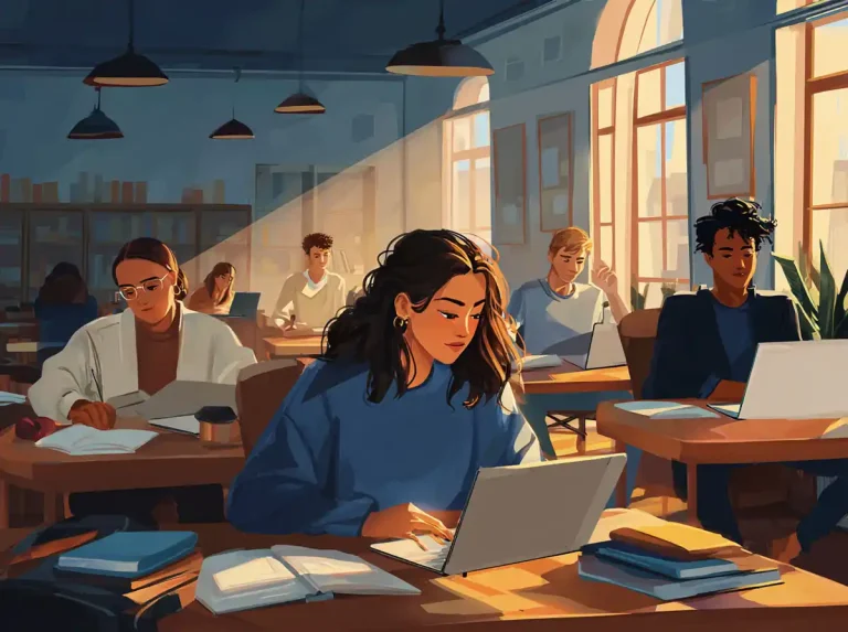 Diverse students use laptops and textbooks while learning languages in a large, brightly lit study hall.