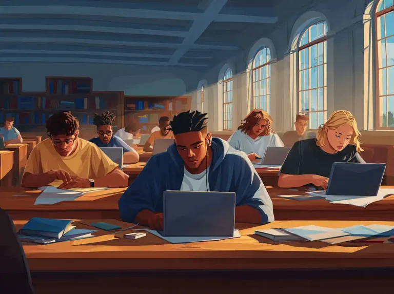 A group of people sits at computer stations looking at digital lessons while learning languages.