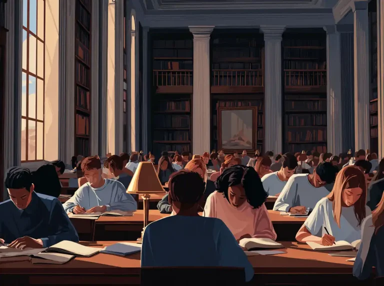 A large diverse group of students fills a library hall while focused on learning languages at their desks.