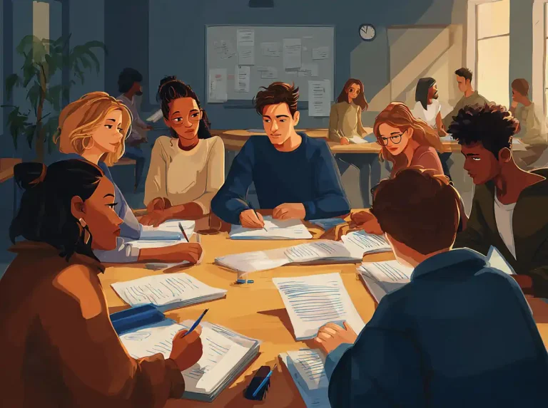 Six students sit at a table with papers and pens for the purpose of learning languages together.