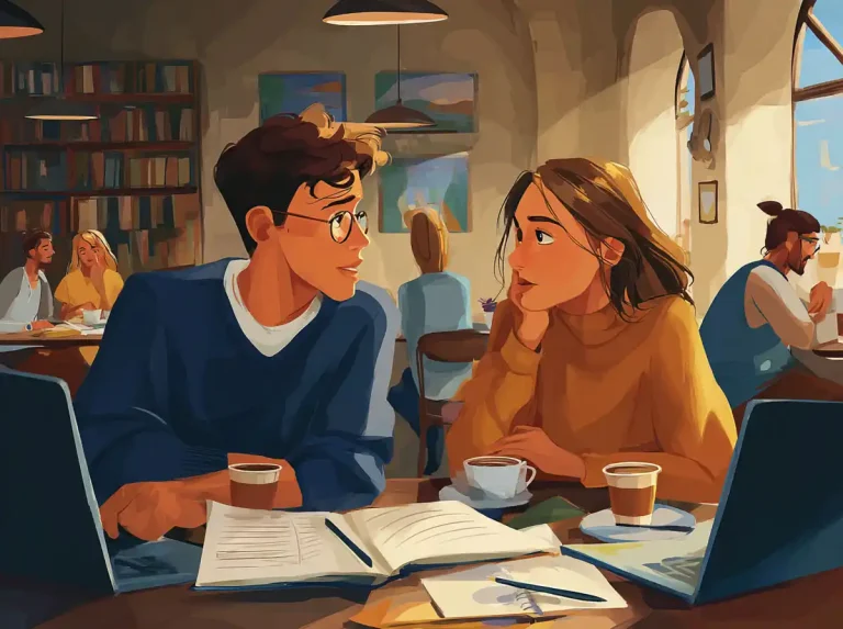 A man and woman engage in conversation while learning languages at a wooden café table.