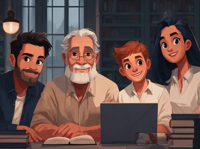 A multi-generational family smiles together behind a laptop while learning languages in a library.
