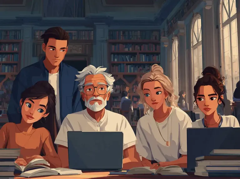 A white-bearded man and four students huddle around a laptop screen for learning languages.