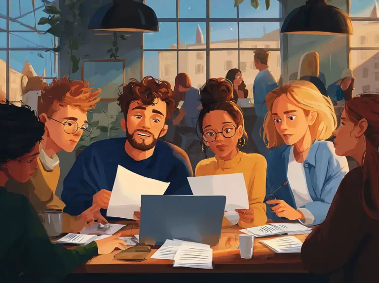 Five students look at a laptop and papers while learning languages in a busy environment.