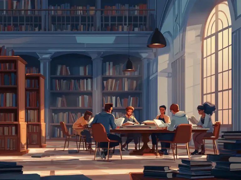 Five students study with books and laptops under hanging library lamps while learning languages.