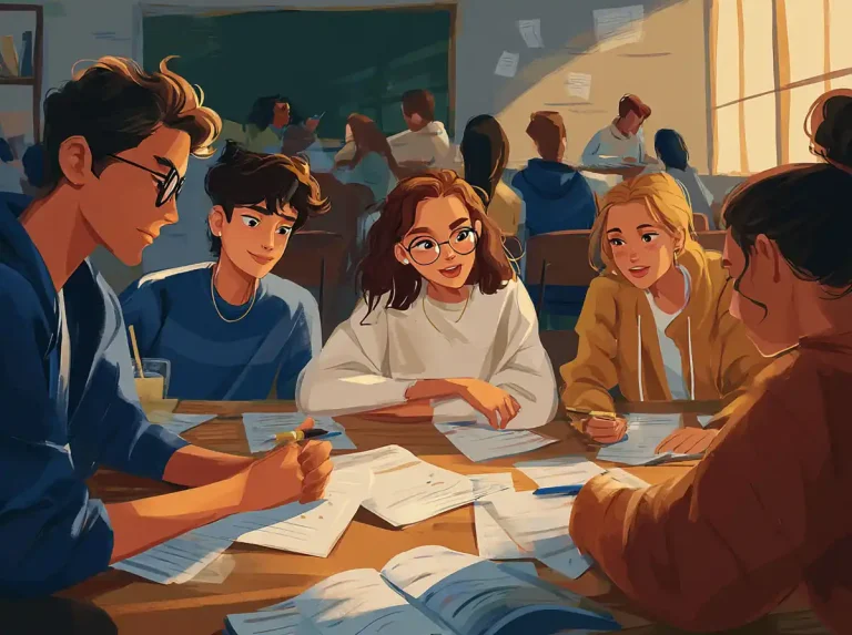 A girl in glasses speaks to her classmates while learning languages at a library table.