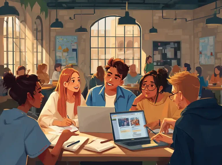 A group of five friends talk and study together while learning languages in a bright room.