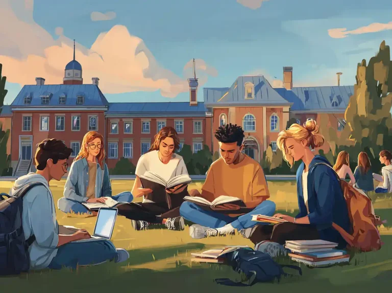 Five students sit in a circle on the grass with books and laptops for learning languages together.
