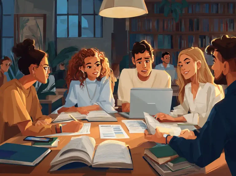 Five students gather around a laptop screen and books while learning languages at a library table.