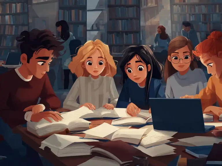 Five young students gather around a laptop and open books to practice learning languages in a library.