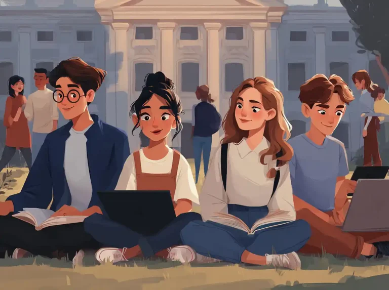 Four people sit outside on the lawn with laptops and books for learning languages.