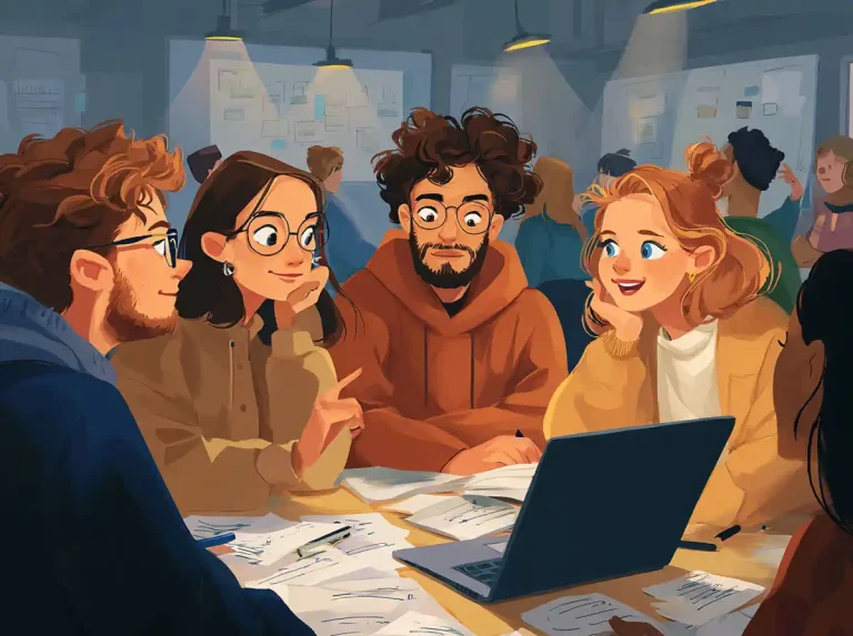 Four students gather around a laptop screen while learning languages and discussing their work.