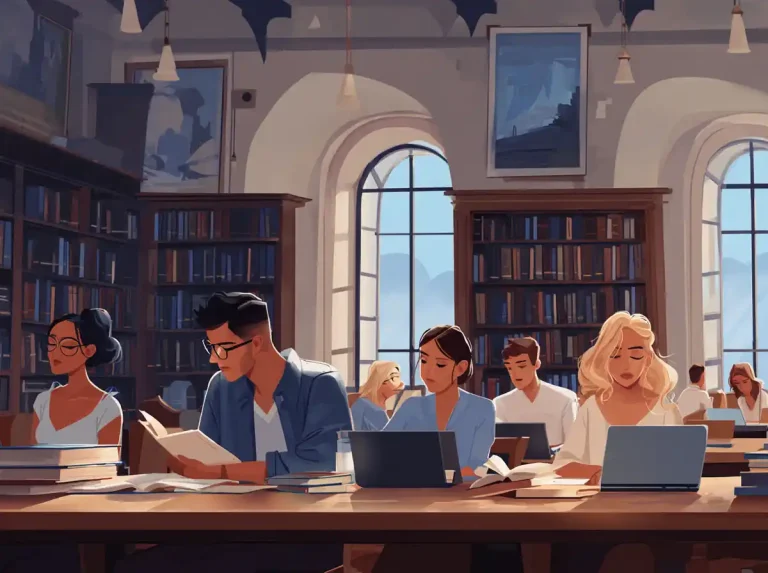 Students sit at wooden tables reading textbooks in a sunlit library dedicated to learning languages.