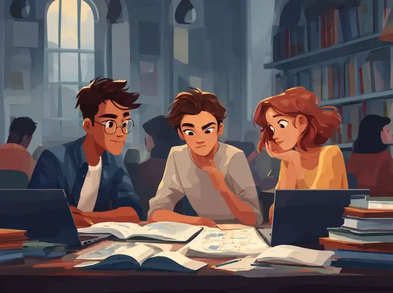 Three friends sit together at a library desk to analyze textbook passages while learning languages.