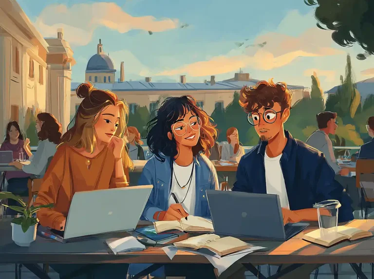 Three friends sit at a table with laptops and workbooks while learning languages at sunset.