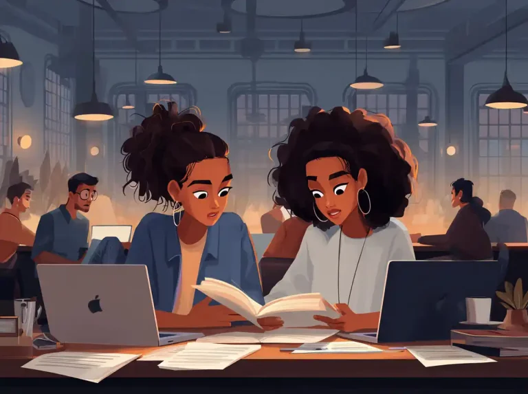 Two friends with curly hair review an open workbook while learning languages together.