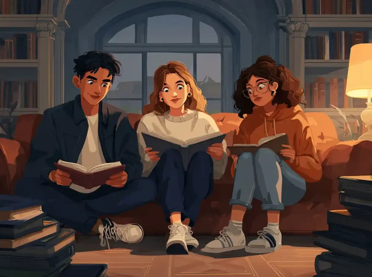 A small group of friends looks at a laptop while learning languages in a library.