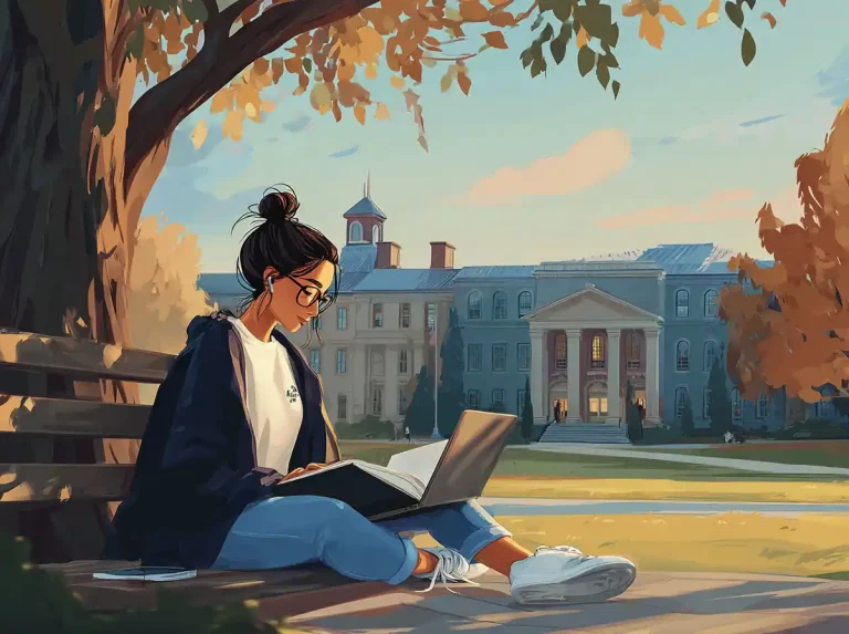 A student with glasses and a bun sits on a bench and uses a laptop for learning languages.