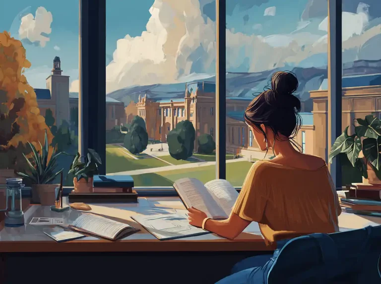 A person looks out a window while learning languages from a book at a large desk.