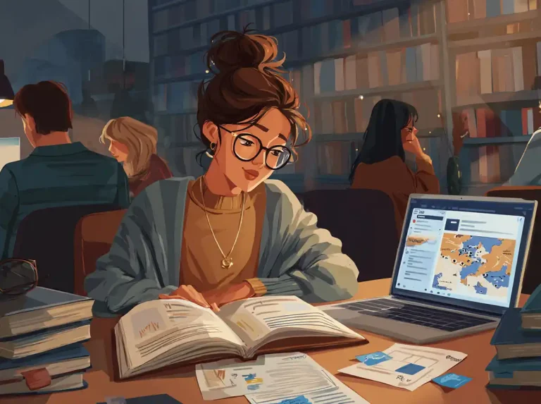 A young woman wears glasses and studies an open book to learn languages in a library.