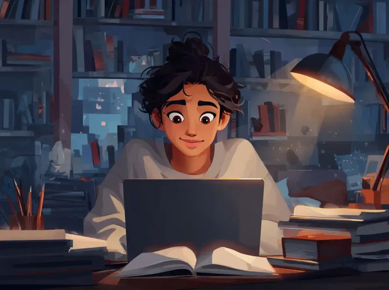 A girl focuses on her glowing laptop screen while learning languages in a dark library.