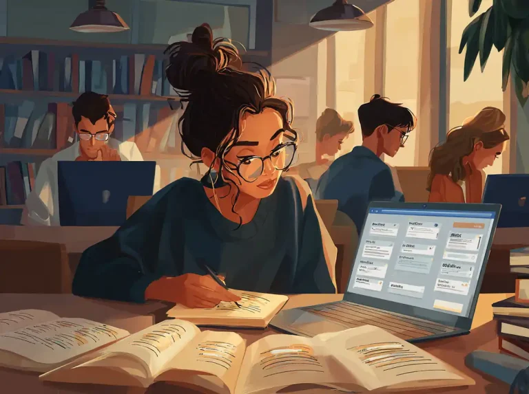 A girl with glasses and a bun writes in a workbook while learning languages on a laptop.