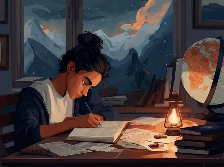 A girl writes in a notebook near a globe and lantern while learning languages by a mountain view.