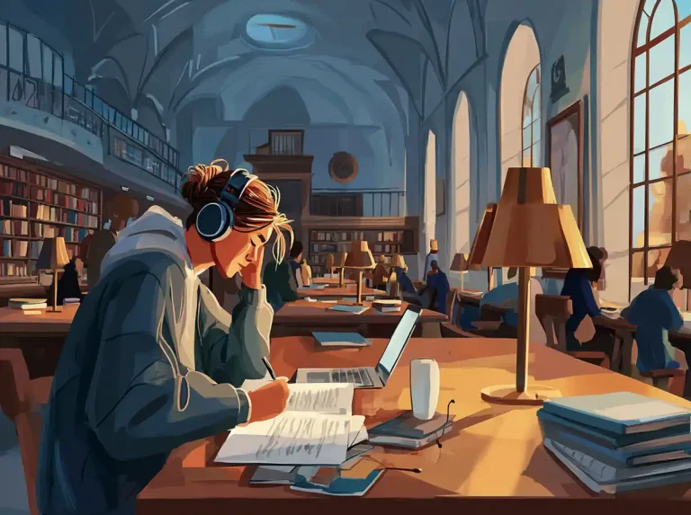 A student with headphones writes on papers at a messy desk while learning languages in a library.