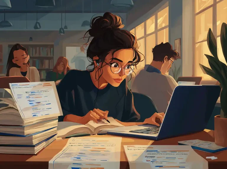 A woman with glasses focuses on a laptop screen while learning languages at a busy desk.