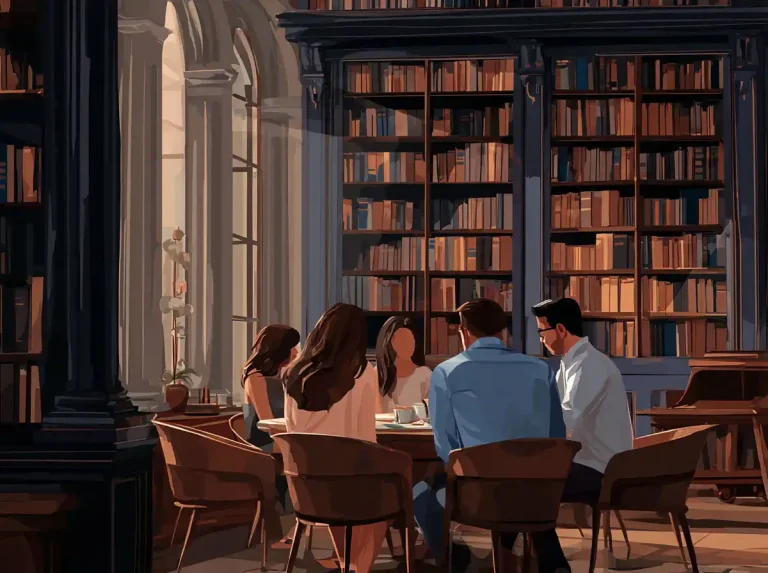 A group of people sits at a round wooden table in a library for learning languages.
