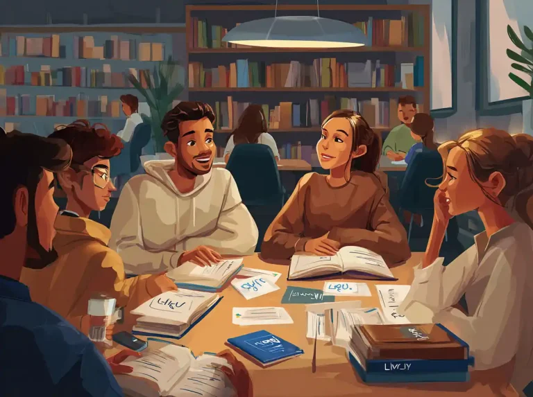 Four people sit at a table and discuss their work while learning languages in a library.