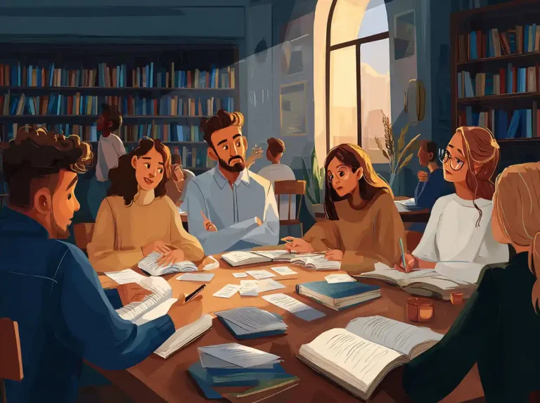 Six students sit at a library table and collaborate on assignments while learning languages.