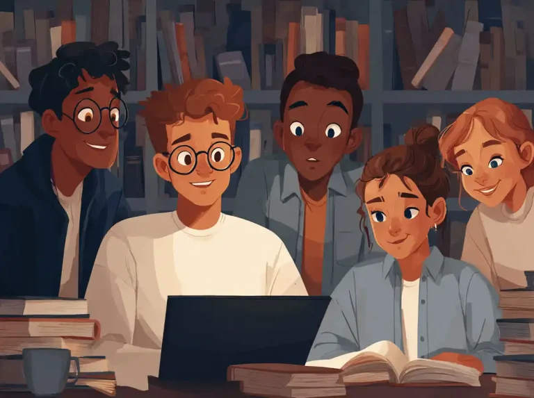 Five students look closely at a laptop screen and notebooks while learning languages.