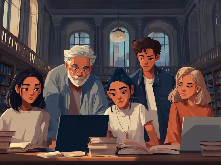 Five students look at a laptop and open books while learning languages at a library table.