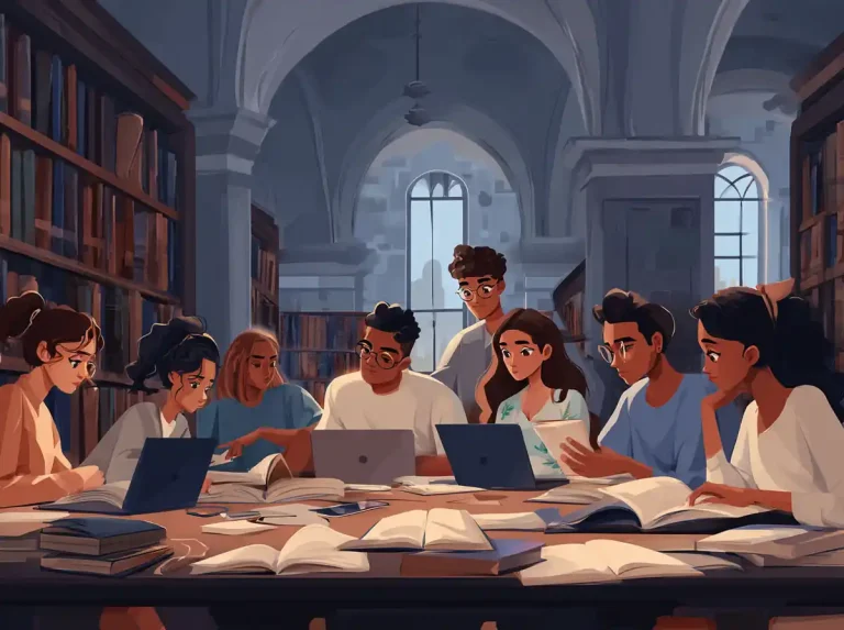 A diverse group of people studies together at a long table for learning languages.