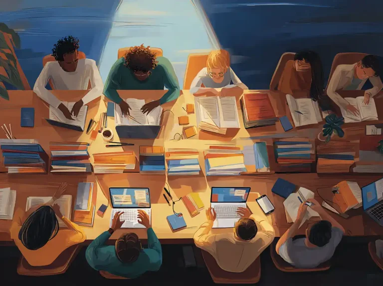 An overhead view of diverse students sitting at a long table with books to learn languages.