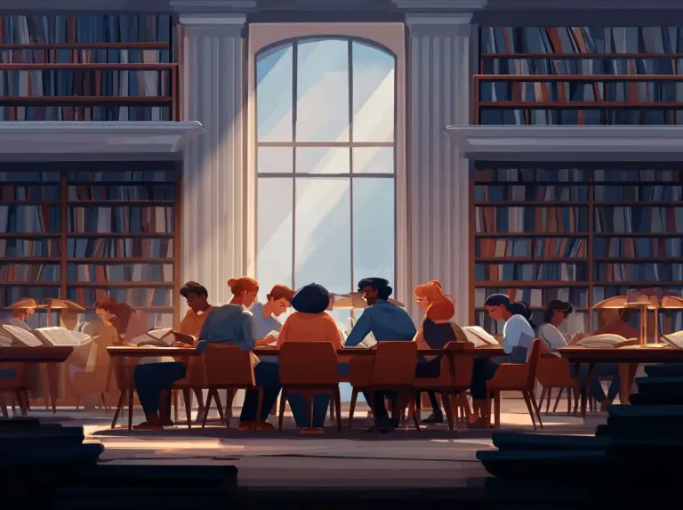 A close-knit group of students studies books and digital notes for learning languages at a library table.