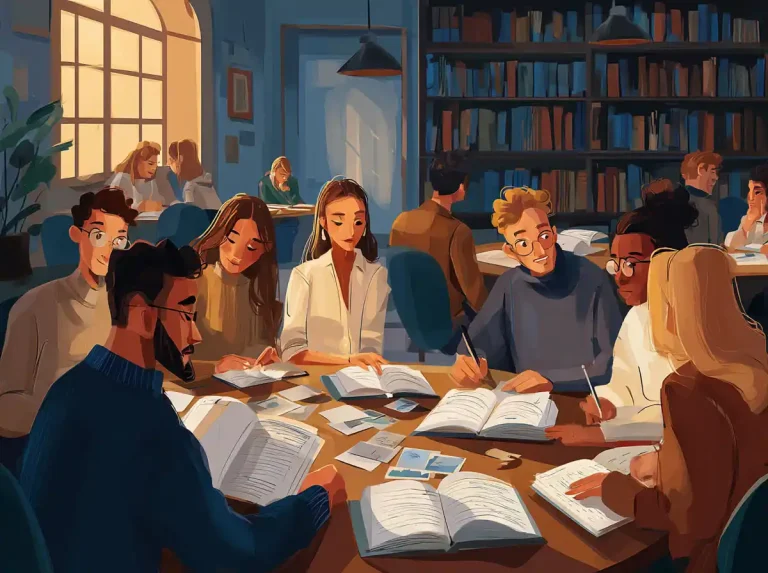 Diverse students sit at a library table and read open books while learning languages together.