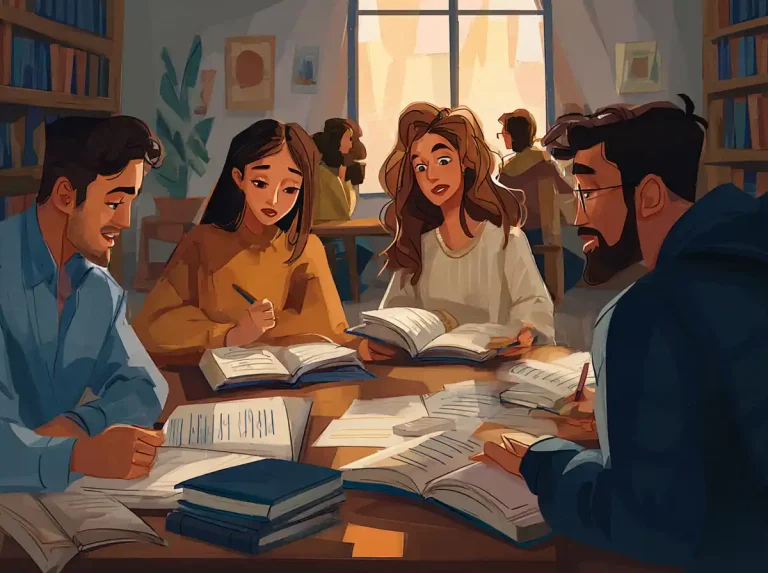 Four students sit around a library table covered in books and notes while learning languages.