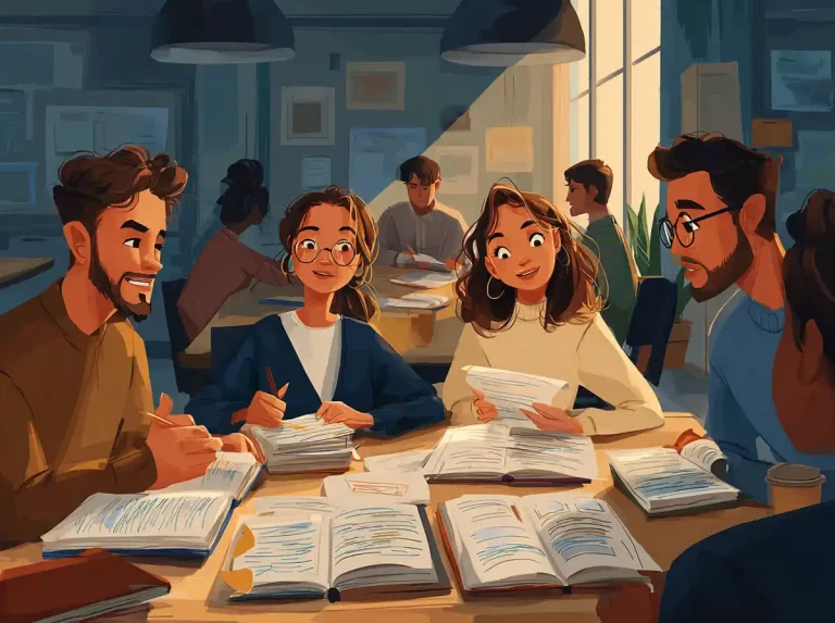 Several students sit at a table in a warm, sunlit room while learning languages with their textbooks.