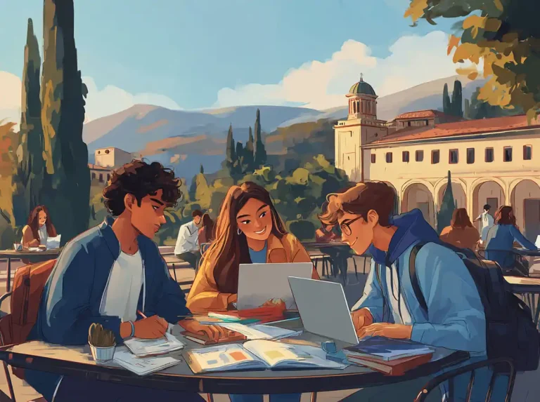 A small group sits at a round outdoor table and uses laptops while learning languages on campus.