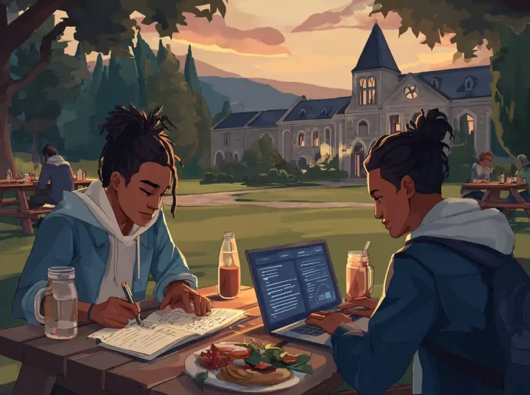 A man and woman sit at a picnic table while focused on learning languages in a grassy park.