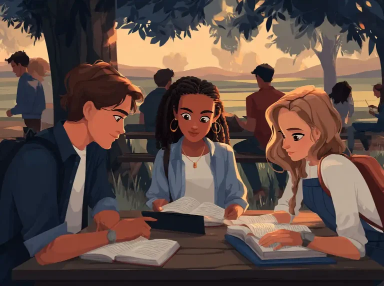 A small group of friends studies at an outdoor table for learning languages on a clear day.